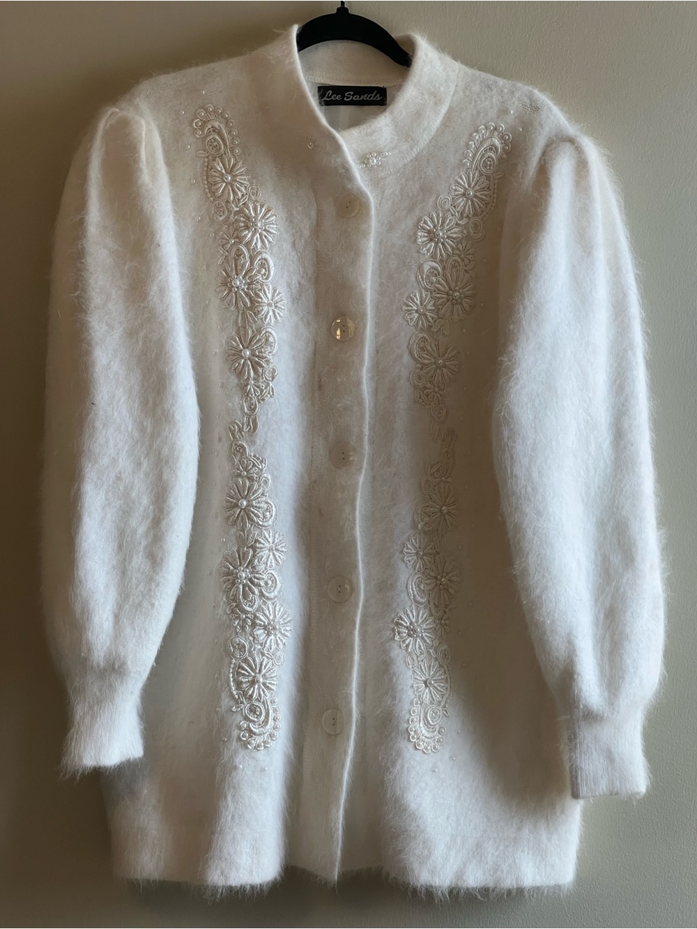 Vintage Lee Sands White Embroidered Angora Cardigan